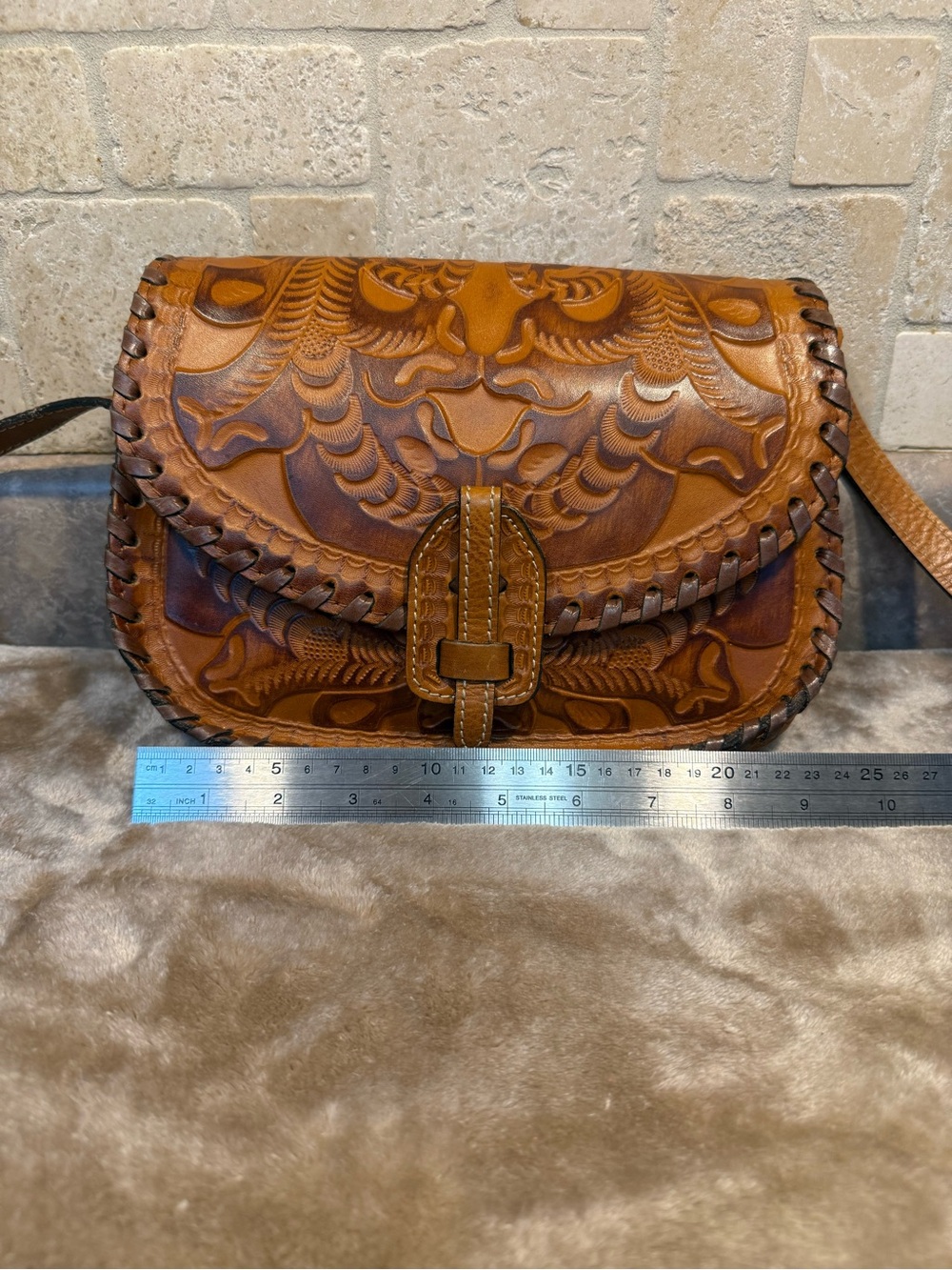 Patricia Nash Hand-Tooled Tan & Brown Leather Crossbody